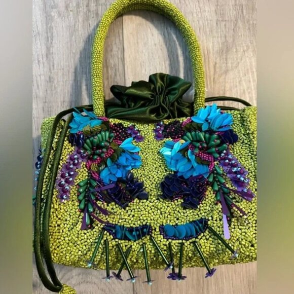 Viral Tik Tok Beaded Handbag Made in India Green Purple Floral NWT - Picture 2 of 6